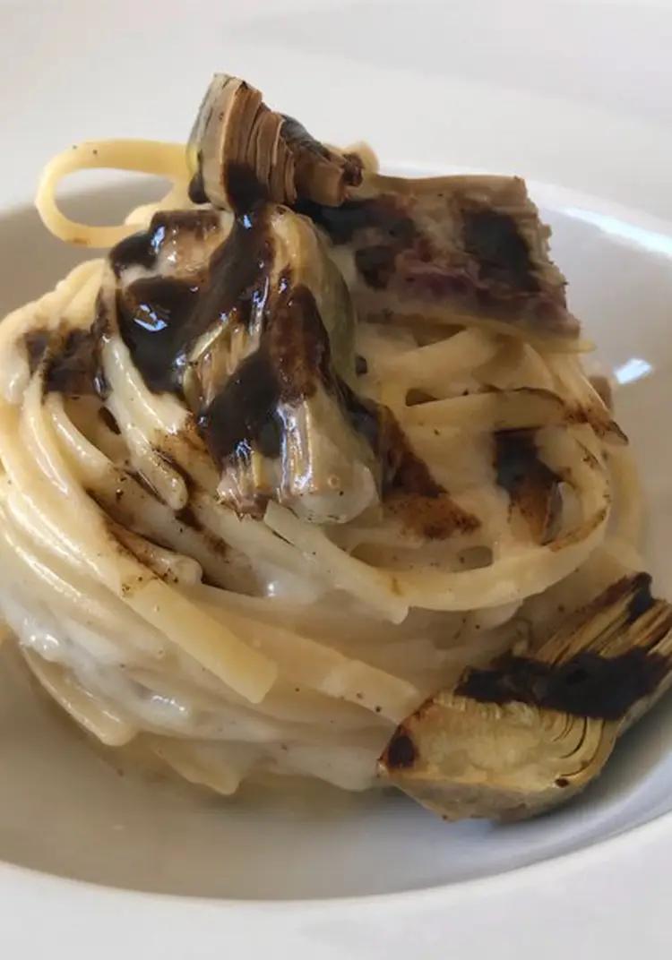 Ricetta Linguine cacio e pepe bianco, carciofi di Montelupone arrostiti e crema del loro caffè di lomagnafoodblog