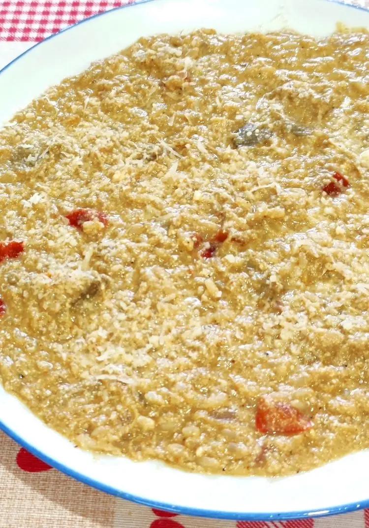 Ricetta Zuppa di riso  con crema di carciofi, peperoni e ricotta di ilninotto
