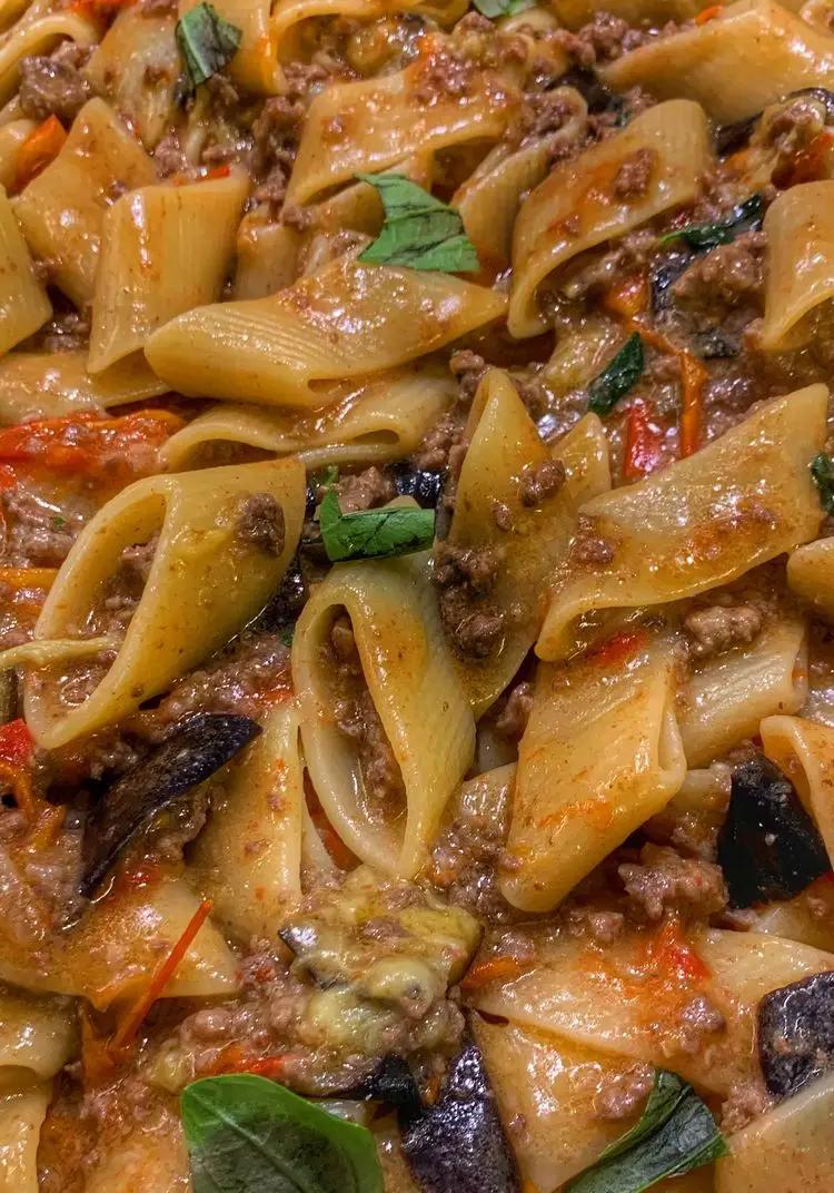 Ricetta Calamarata con pomodorini, melanzane e macinato di manzo di maccaro_paraosteria