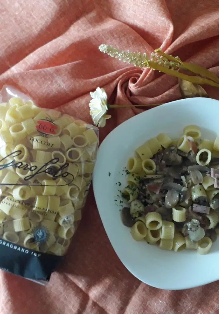 Ricetta Boccole pasta Garofalo con speck funghi e formaggio montasio DOP fresco #pastagarofalo di Antipastidautore