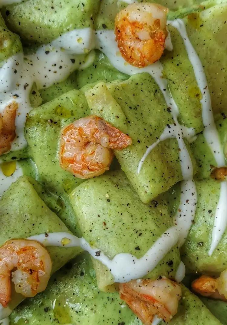 Ricetta Paccheri con crema di zucchine, gamberetti e robiola di Pranz.0cena