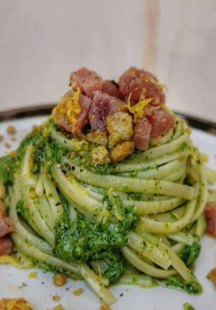 Ricetta LINGUINE CON PESTO DI RUCOLA E TARTARE DI TONNO di Pranz.0cena