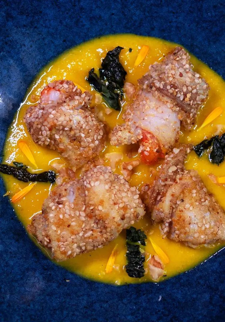 Ricetta Involtini di spigola e gambero su crema di peperone giallo e Chips di cavolo nero di alessiostark91