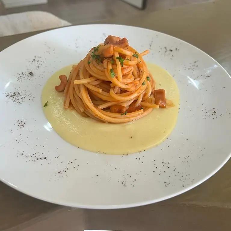 Ricetta Spaghettone di Gragnano con totani della costiera crema di patate e aroma di caffè di savianonunzio