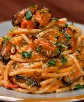 Immagine del passaggio 4 della ricetta Spaghettoni con cozze, pomodorini e salsa di pane