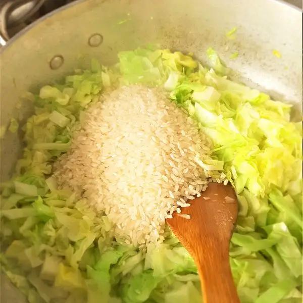 Immagine dello step: Unite il riso, sale e pepe, fatelo tostare. Aggiungete il vino e fatelo evaporare