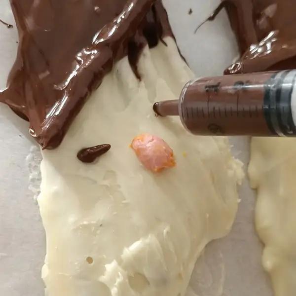 Immagine dello step: Lasciate indurire in frigo e poi create il naso,mischiando ad un po' di cioccolato bianco,del colorante arancione! Con l'aiuto di una siringa,create gli occhi ...